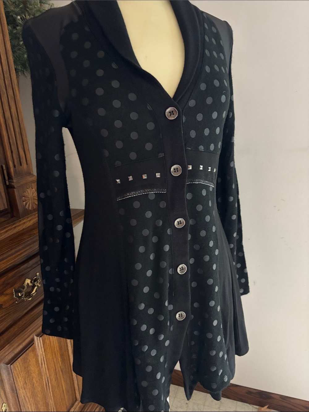 Source Unknown Black Polka Dot Long Sleeve Button Front Dress Jacket